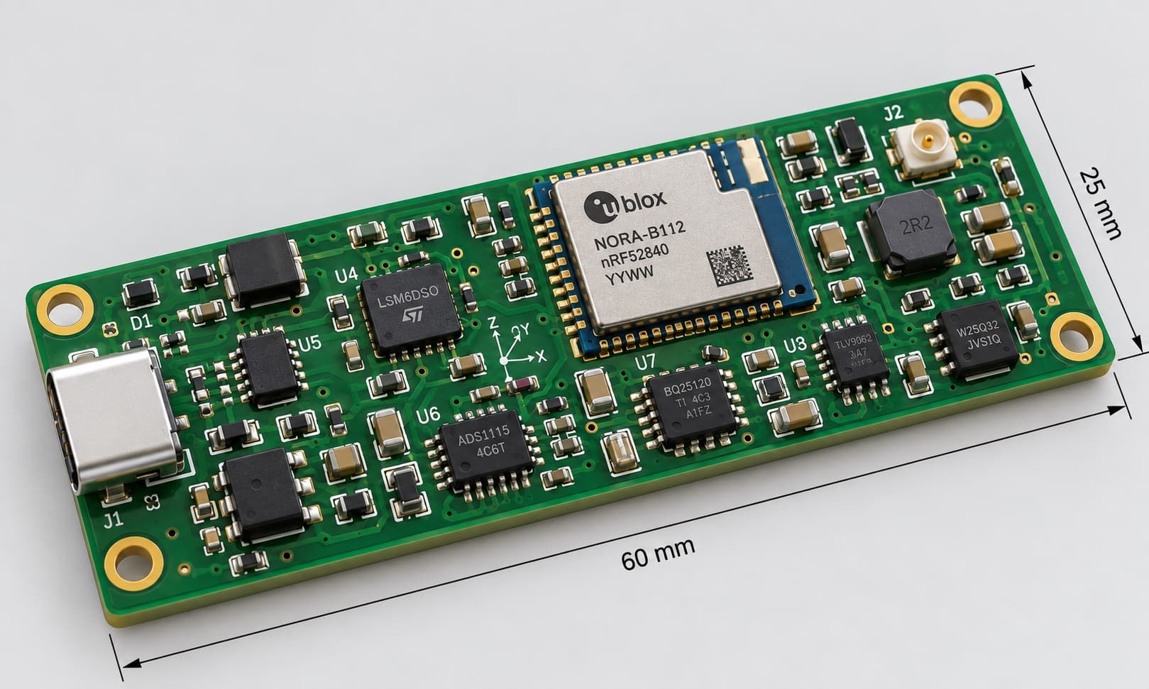 The EMR Labs sensor board: a vibration sensor, analogue inputs for temperature and pressure, a radio module and a USB-C connector on one small circuit board.
